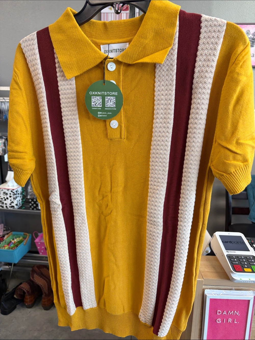 Men's Mustard Polo with Burgundy & Cream Vertical Stripes